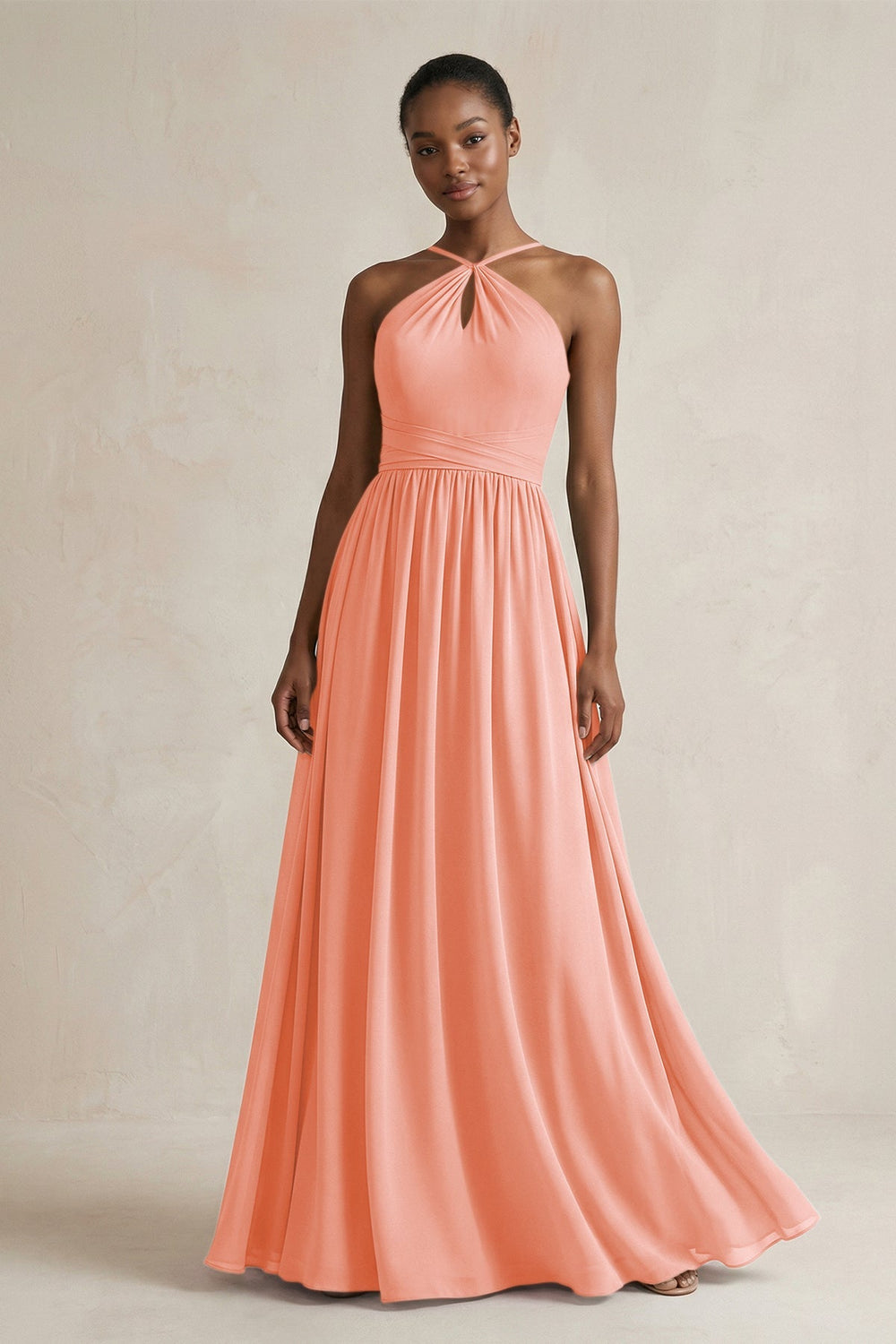 A - Line Halter Chiffon Ruched Bridesmaid Dress in Rosette - KISS BRIDAL Bridesmaid Dresses