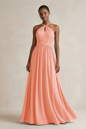 A - Line Halter Chiffon Ruched Bridesmaid Dress in Rosette - SHE IS ME Bridesmaid Dresses
