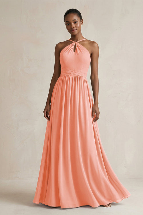 A - Line Halter Chiffon Ruched Bridesmaid Dress in Rosette - SHE IS ME Bridesmaid Dresses