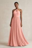A-Line Halter Chiffon Ruched Bridesmaid Dress in Rosette | KISSBRIDAL