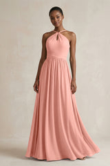 A-Line Halter Chiffon Ruched Bridesmaid Dress in Rosette | KISSBRIDAL