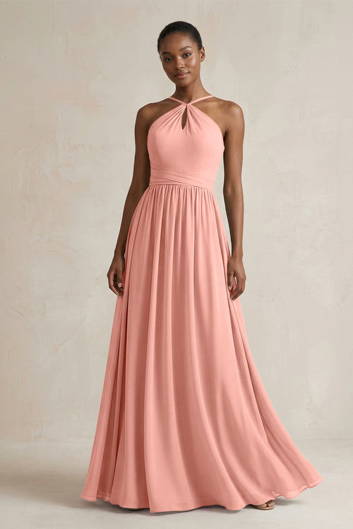 A-Line Halter Chiffon Ruched Bridesmaid Dress in Rosette | KISSBRIDAL