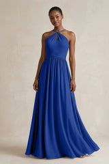 A - Line Halter Chiffon Ruched Bridesmaid Dress in Royal Blue - KISS BRIDAL Bridesmaid Dresses