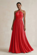 A - Line Halter Chiffon Ruched Bridesmaid Dress in Ruby Red - SHE IS ME Bridesmaid Dresses