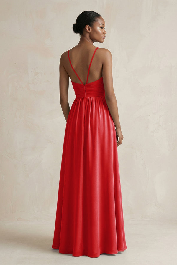 A - Line Halter Chiffon Ruched Bridesmaid Dress in Ruby Red - SHE IS ME Bridesmaid Dresses