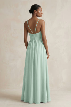 A-Line Halter Chiffon Ruched Bridesmaid Dress in Sage (2) | KISSBRIDAL