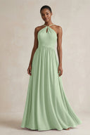 A - Line Halter Chiffon Ruched Bridesmaid Dress in Sage - SHE IS ME Bridesmaid Dresses