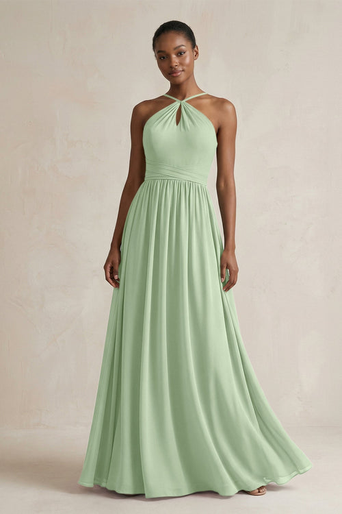 A - Line Halter Chiffon Ruched Bridesmaid Dress in Sage - SHE IS ME Bridesmaid Dresses