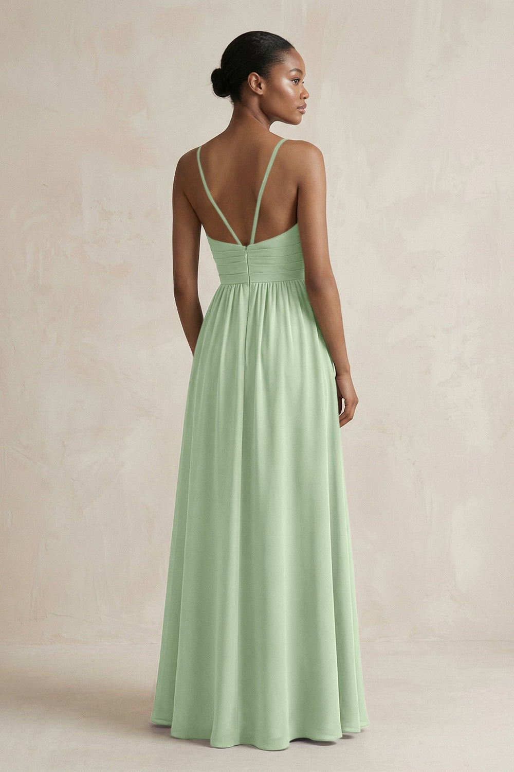 A - Line Halter Chiffon Ruched Bridesmaid Dress in Sage - KISS BRIDAL Bridesmaid Dresses