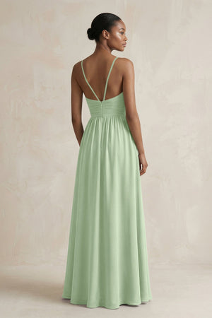 A - Line Halter Chiffon Ruched Bridesmaid Dress in Sage - SHE IS ME Bridesmaid Dresses