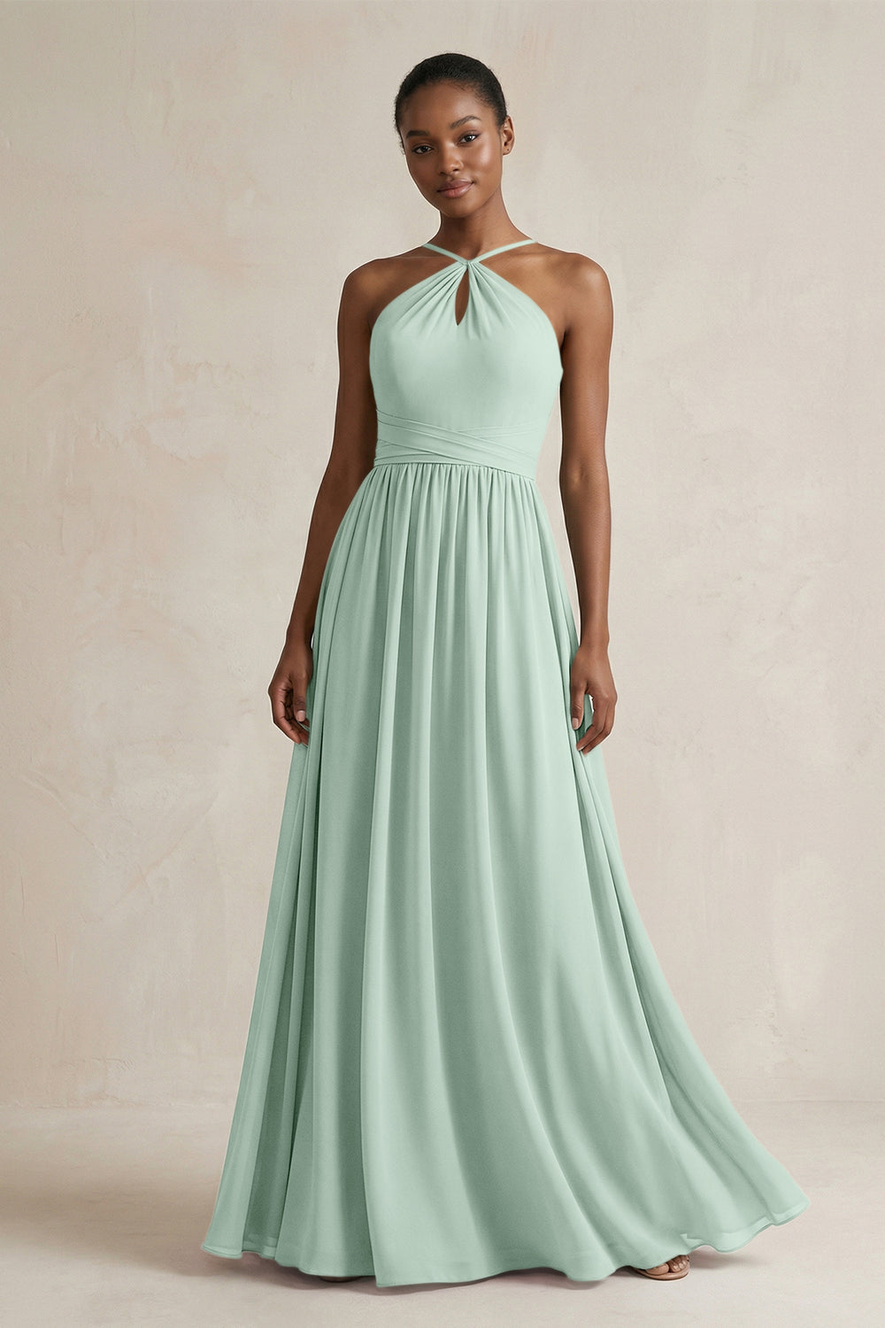 A-Line Halter Chiffon Ruched Bridesmaid Dress in Sage