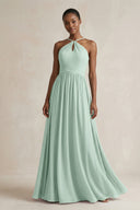 A-Line Halter Chiffon Ruched Bridesmaid Dress in Sage | KISSBRIDAL