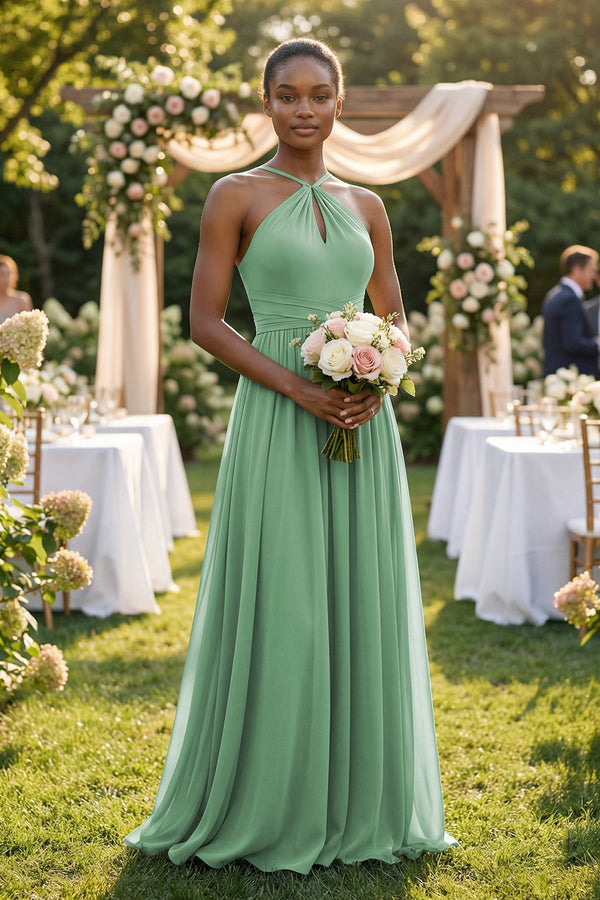 A - Line Halter Chiffon Ruched Bridesmaid Dress in Sea Glass - SHE IS ME Bridesmaid Dresses