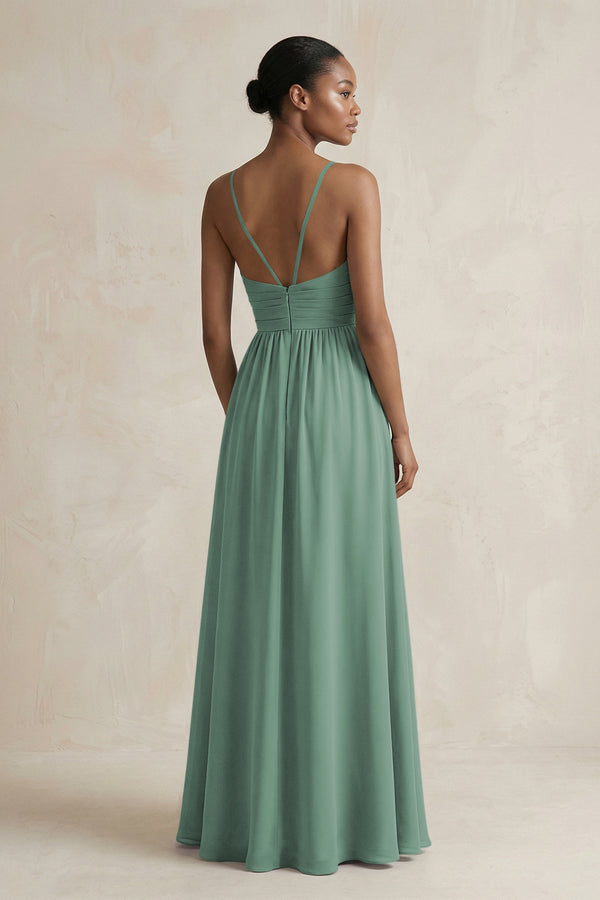 A-Line Halter Chiffon Ruched Bridesmaid Dress in Sea Glass (2) | KISSBRIDAL