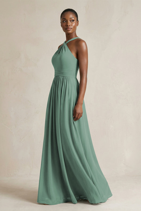 A-Line Halter Chiffon Ruched Bridesmaid Dress in Sea Glass (3) | KISSBRIDAL