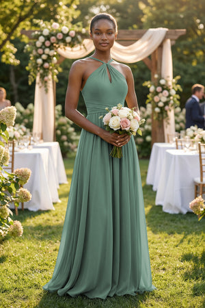 A-Line Halter Chiffon Ruched Bridesmaid Dress in Sea Glass (4) | KISSBRIDAL