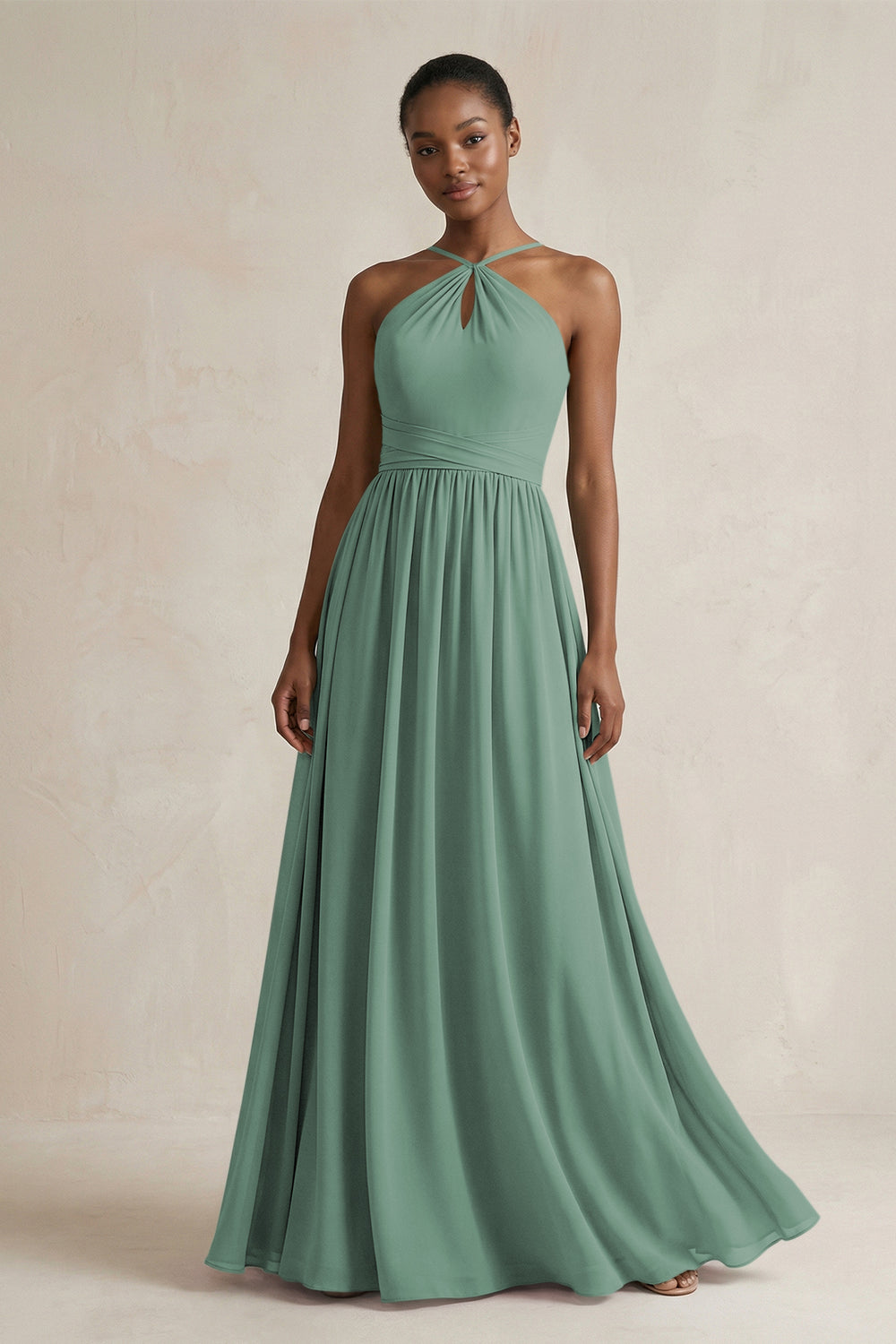 A-Line Halter Chiffon Ruched Bridesmaid Dress in Sea Glass