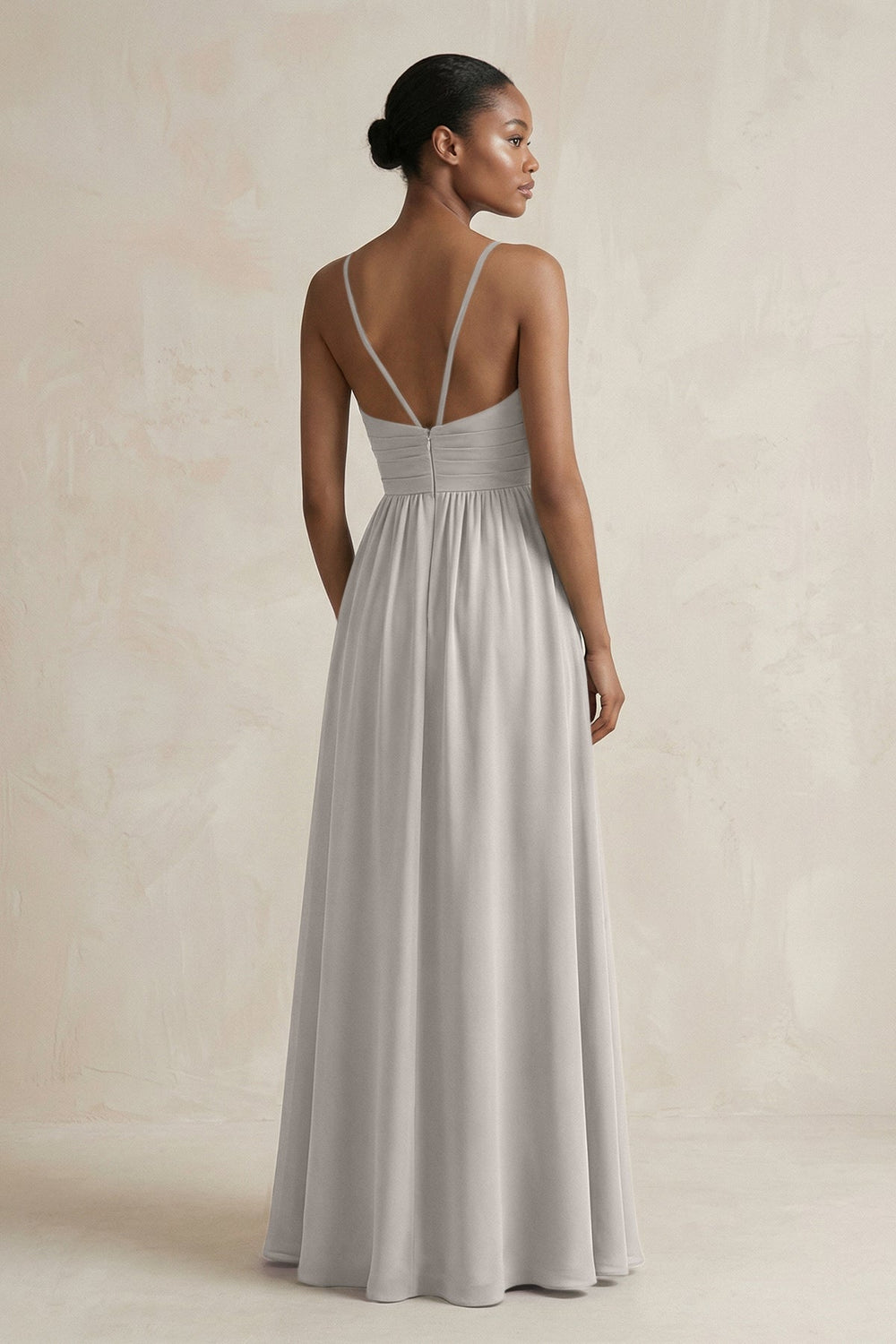 A - Line Halter Chiffon Ruched Bridesmaid Dress in Silver - KISS BRIDAL Bridesmaid Dresses