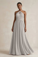 A - Line Halter Chiffon Ruched Bridesmaid Dress in Silver - SHE IS ME Bridesmaid Dresses