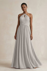 A - Line Halter Chiffon Ruched Bridesmaid Dress in Silver - KISS BRIDAL Bridesmaid Dresses