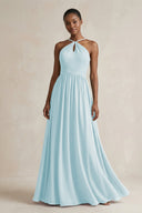 A - Line Halter Chiffon Ruched Bridesmaid Dress in Sky Blue - SHE IS ME Bridesmaid Dresses