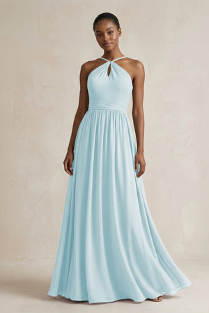 A - Line Halter Chiffon Ruched Bridesmaid Dress in Sky Blue - SHE IS ME Bridesmaid Dresses