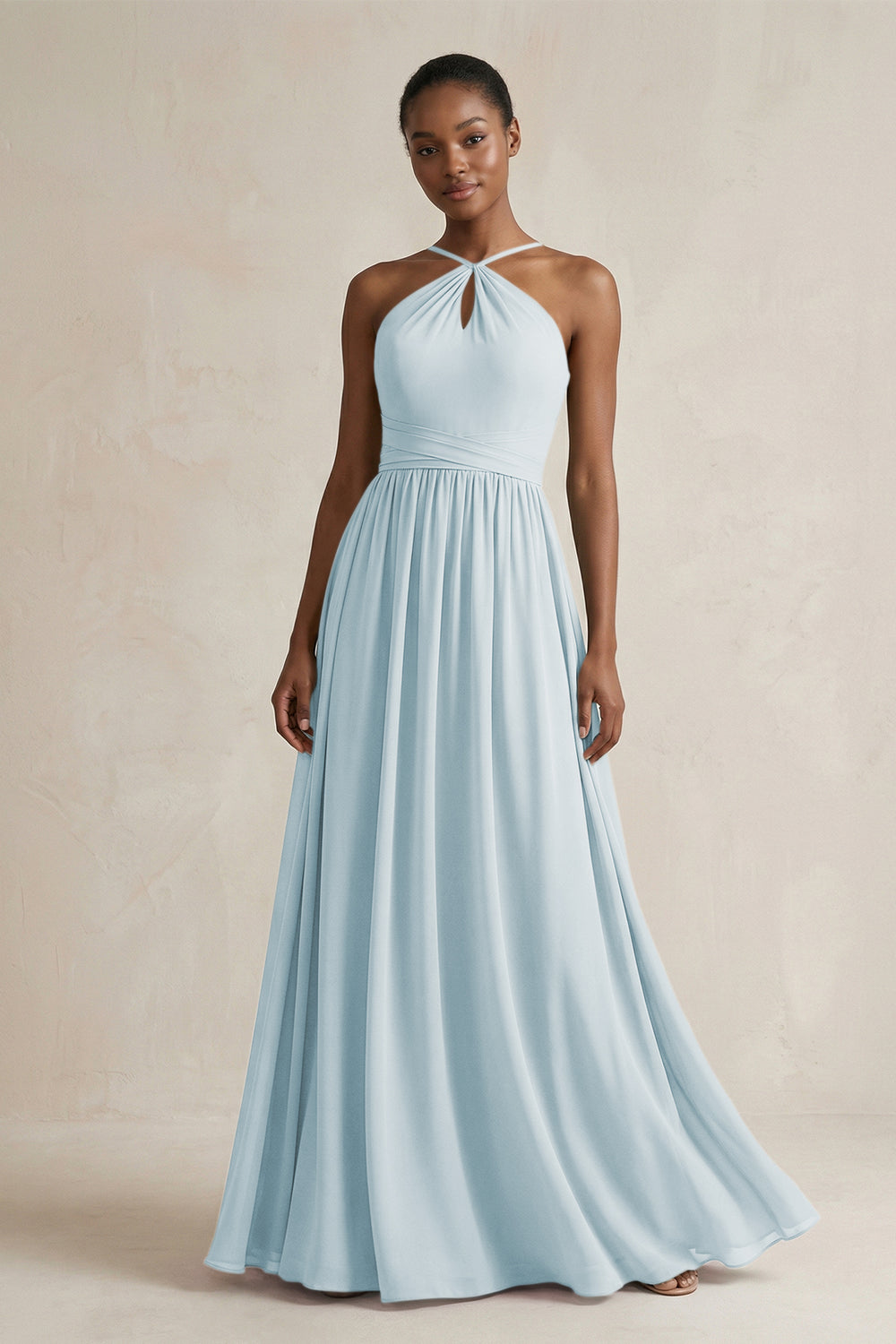 A-Line Halter Chiffon Ruched Bridesmaid Dress in Sky Blue