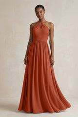A - Line Halter Chiffon Ruched Bridesmaid Dress in Spice - KISS BRIDAL Bridesmaid Dresses