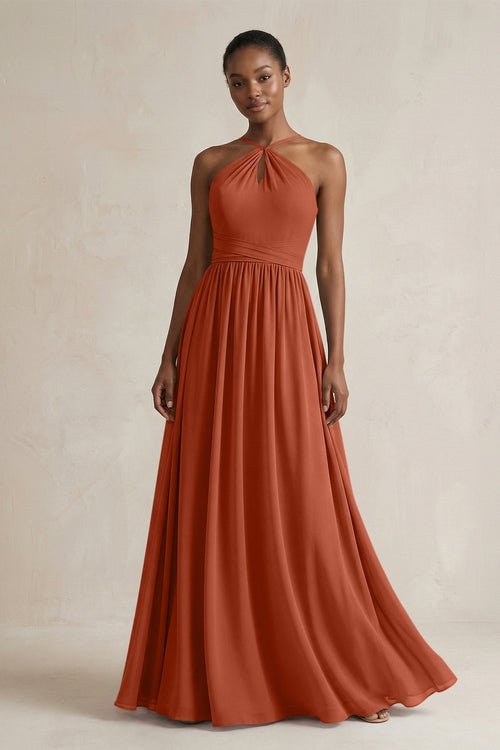 A - Line Halter Chiffon Ruched Bridesmaid Dress in Spice - SHE IS ME Bridesmaid Dresses