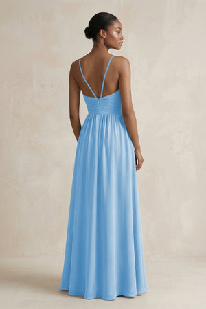 A - Line Halter Chiffon Ruched Bridesmaid Dress in Steel Blue - SHE IS ME Bridesmaid Dresses