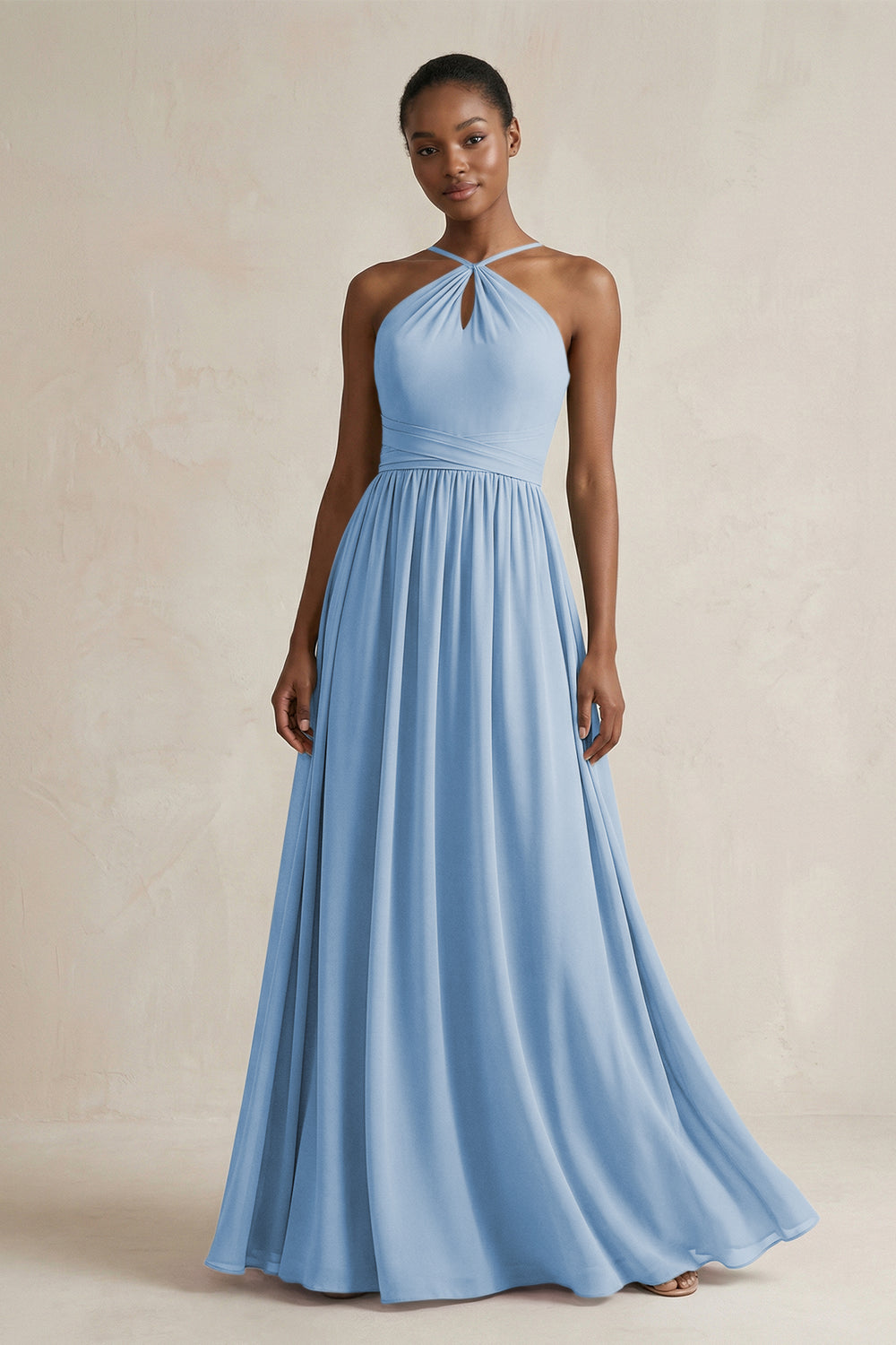 A-Line Halter Chiffon Ruched Bridesmaid Dress in Steel Blue