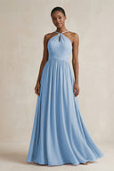 A-Line Halter Chiffon Ruched Bridesmaid Dress in Steel Blue | KISSBRIDAL