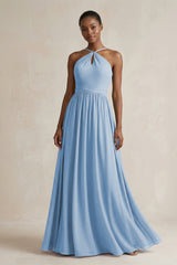 A-Line Halter Chiffon Ruched Bridesmaid Dress in Steel Blue | KISSBRIDAL