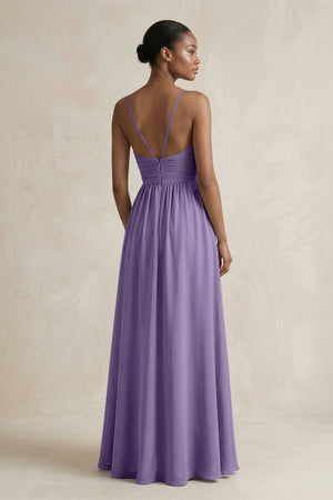 A-Line Halter Chiffon Ruched Bridesmaid Dress in Tahiti (2) | KISSBRIDAL