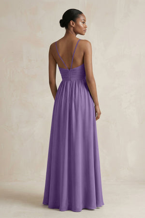 A - Line Halter Chiffon Ruched Bridesmaid Dress in Tahiti - SHE IS ME Bridesmaid Dresses