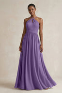 A - Line Halter Chiffon Ruched Bridesmaid Dress in Tahiti - SHE IS ME Bridesmaid Dresses