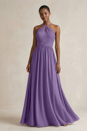 A - Line Halter Chiffon Ruched Bridesmaid Dress in Tahiti - SHE IS ME Bridesmaid Dresses