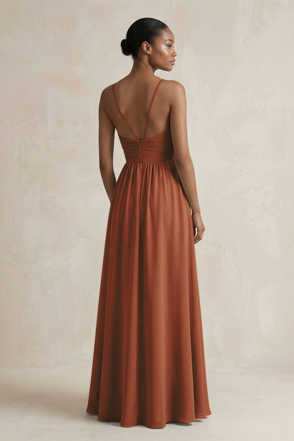A-Line Halter Chiffon Ruched Bridesmaid Dress in Terracotta (2) | KISSBRIDAL