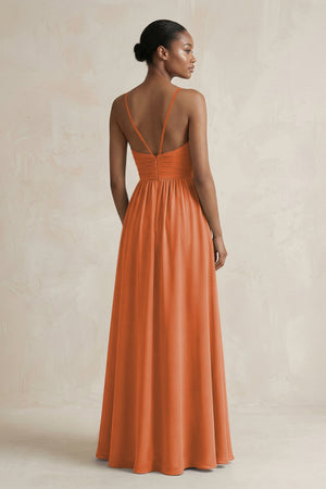 A - Line Halter Chiffon Ruched Bridesmaid Dress in Terracotta - SHE IS ME Bridesmaid Dresses