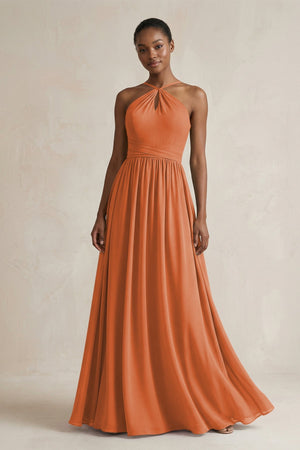 A - Line Halter Chiffon Ruched Bridesmaid Dress in Terracotta - SHE IS ME Bridesmaid Dresses