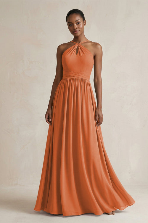 A - Line Halter Chiffon Ruched Bridesmaid Dress in Terracotta - SHE IS ME Bridesmaid Dresses