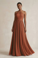 A-Line Halter Chiffon Ruched Bridesmaid Dress in Terracotta | KISSBRIDAL