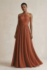 A-Line Halter Chiffon Ruched Bridesmaid Dress in Terracotta | KISSBRIDAL