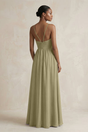 A - Line Halter Chiffon Ruched Bridesmaid Dress in Thyme - SHE IS ME Bridesmaid Dresses