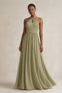 A - Line Halter Chiffon Ruched Bridesmaid Dress in Thyme - SHE IS ME Bridesmaid Dresses