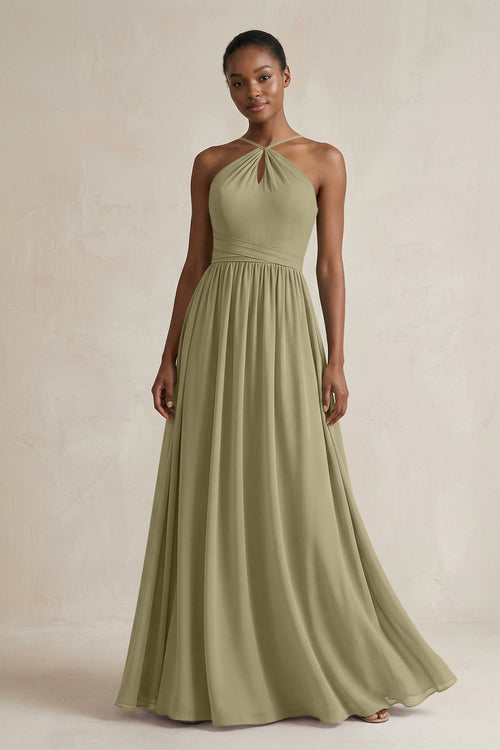 A - Line Halter Chiffon Ruched Bridesmaid Dress in Thyme - SHE IS ME Bridesmaid Dresses