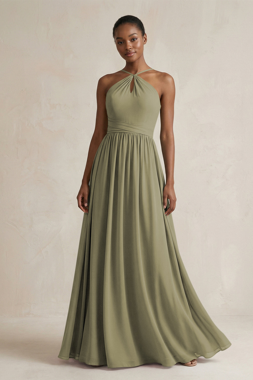 A-Line Halter Chiffon Ruched Bridesmaid Dress in Thyme
