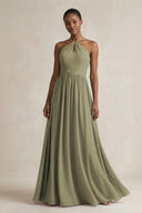 A-Line Halter Chiffon Ruched Bridesmaid Dress in Thyme | KISSBRIDAL