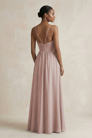 A-Line Halter Chiffon Ruched Bridesmaid Dress in Toffee (2) | KISSBRIDAL