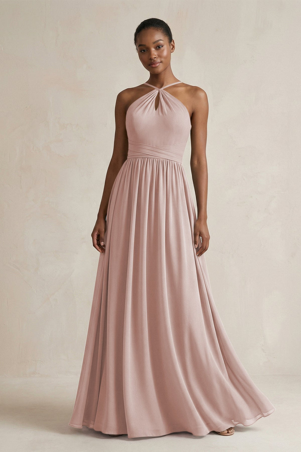 A - Line Halter Chiffon Ruched Bridesmaid Dress in Toffee - KISS BRIDAL Bridesmaid Dresses